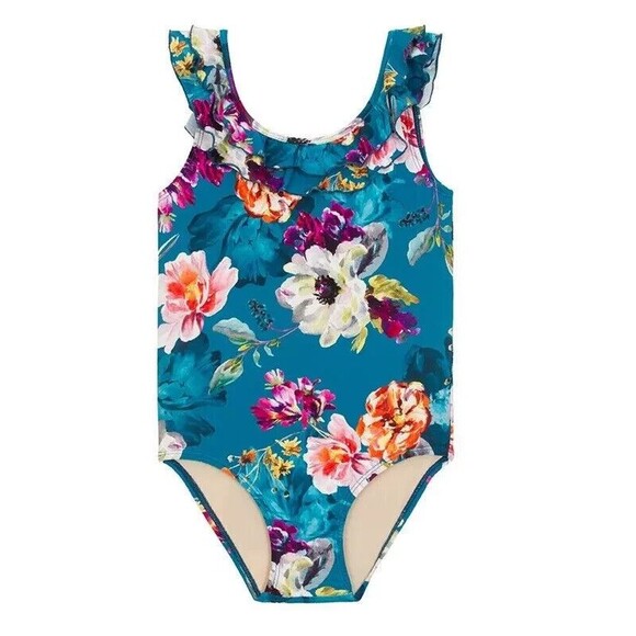 Pq PilyQ Girls Blue Floral Ruffle Swimsuit One Piece Sz 10 NEW